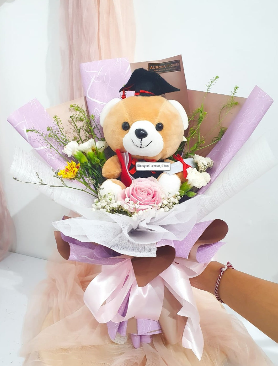 1 Red Rose Graduation With Teddy Bear (Gold)