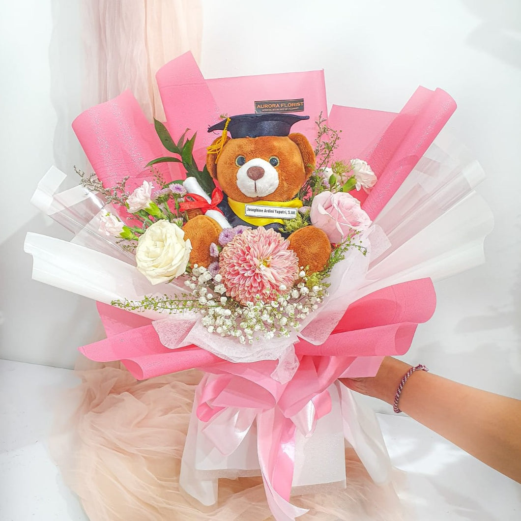 2 Mix Rose Graduation With Teddy Bear (Gold)