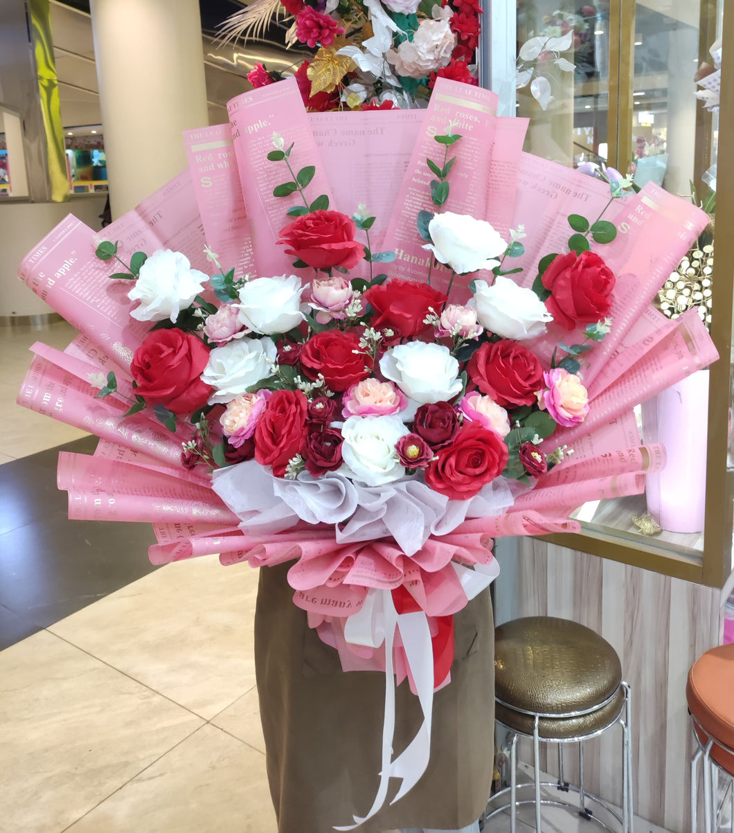 Bouquet Red Rose Mix White Rose  (Artificial Flower)