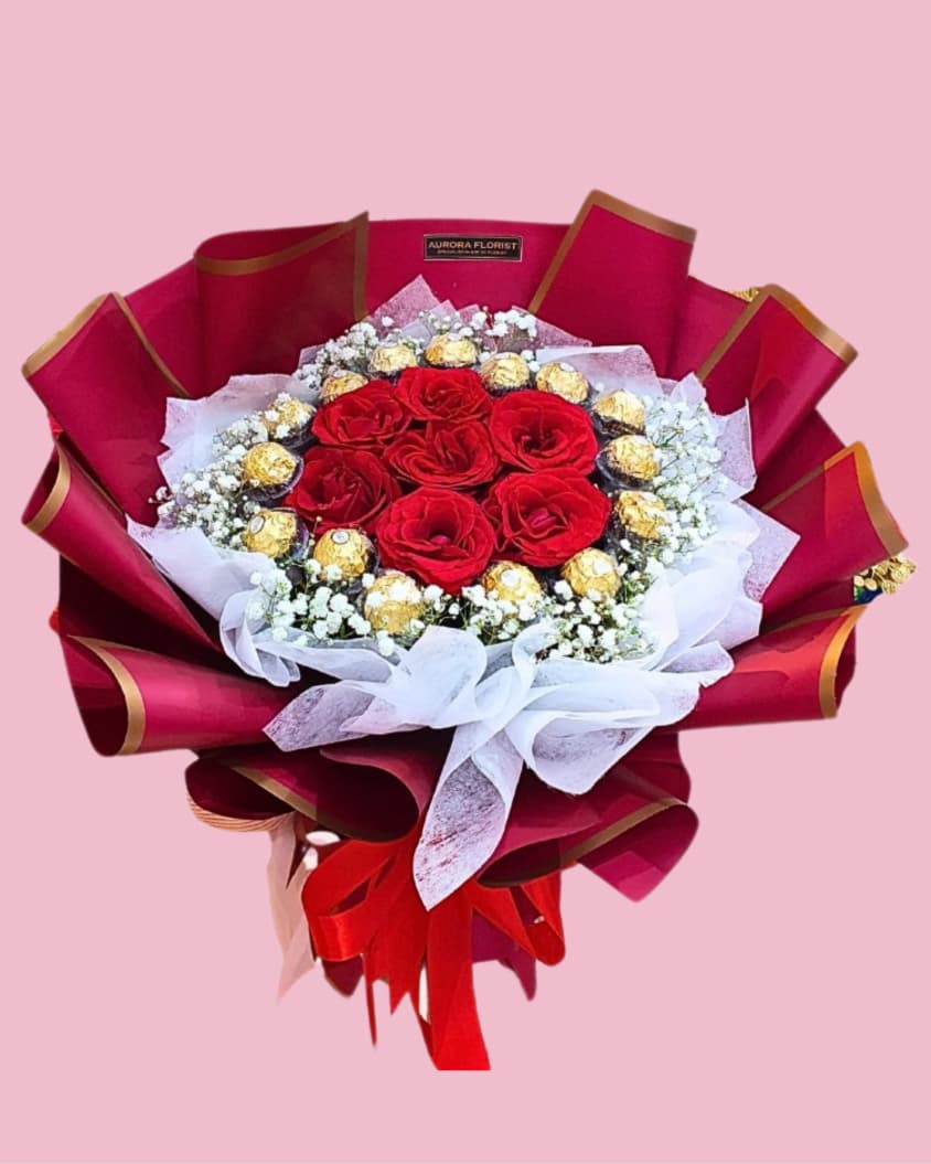 Medium Ferrero With Roses (7 stalks) &  Chocolate (15 pcs)