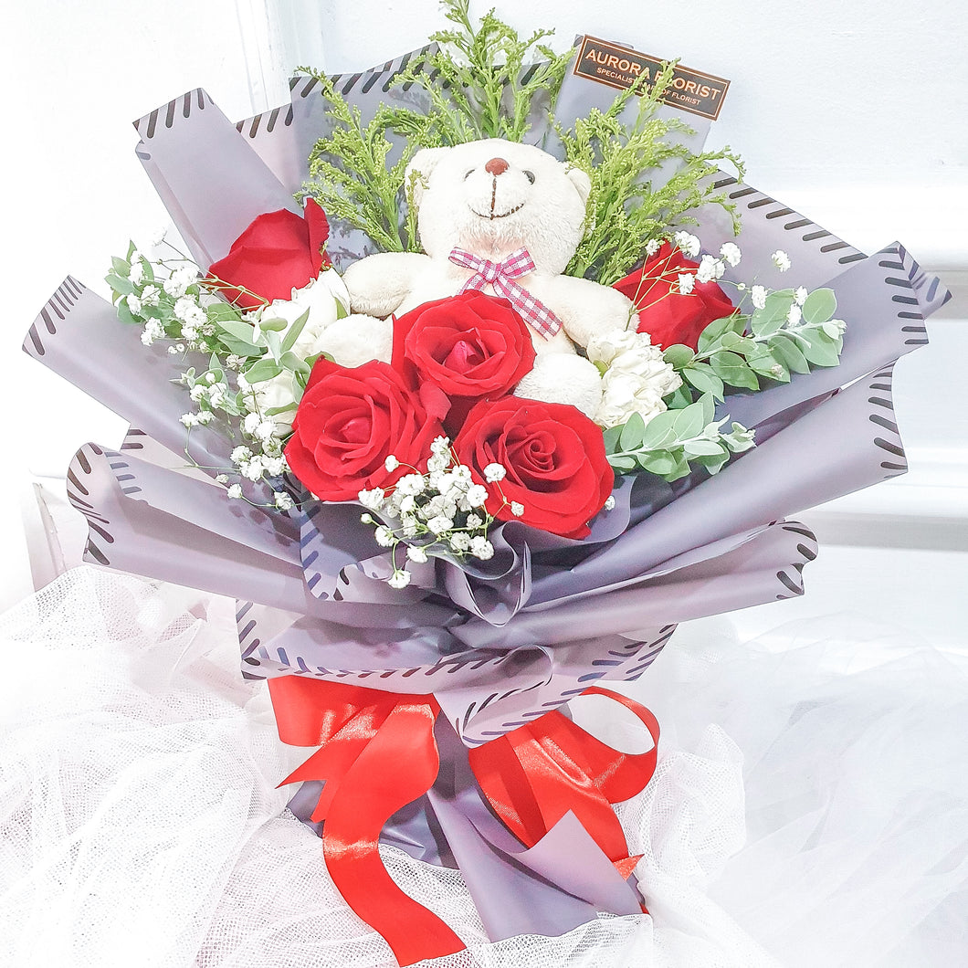 Red Rose & Teddy Bear (Fresh Flower)