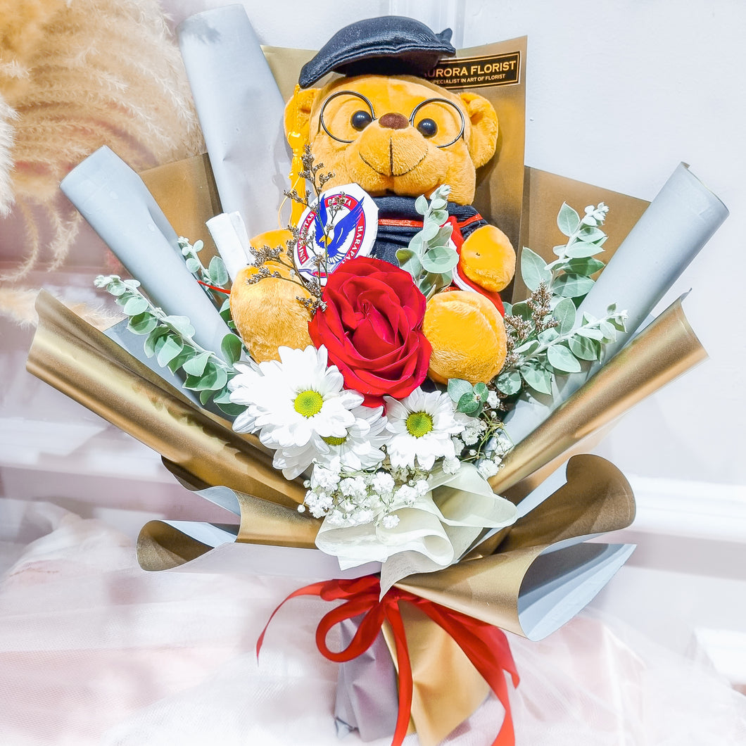 1 Red Rose Graduation With Teddy Bear (Gold)