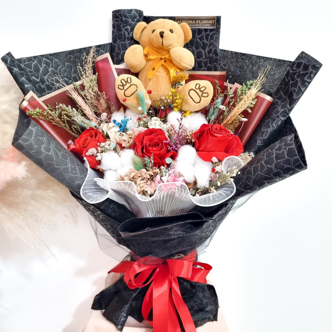 3 Red Rose Flowers Preserved  & Teddy